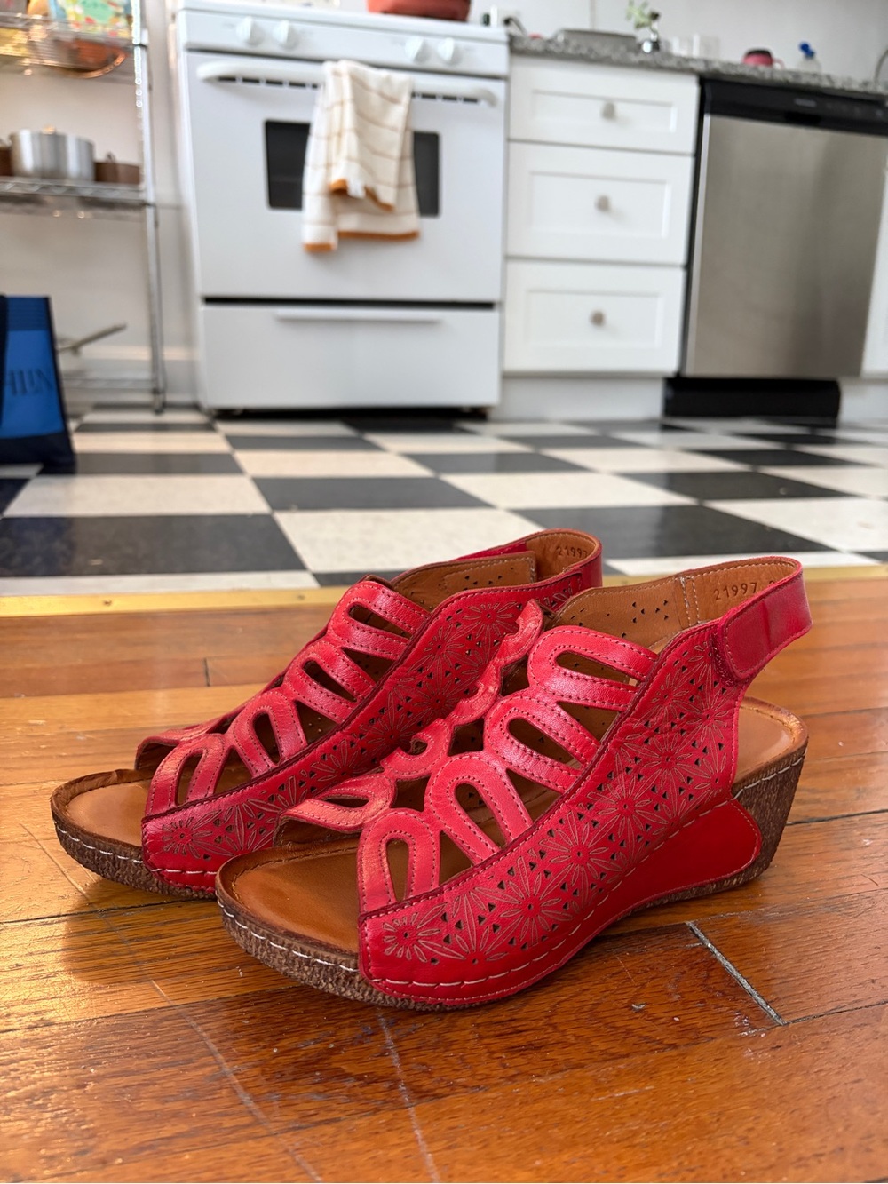 Spring Step Red Laser-Cut Wedge Sandals